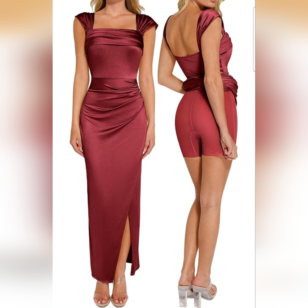 Popilush Women's Red Shimmer Off The Shoulder Shapewear Tummy Control Maxi Dress